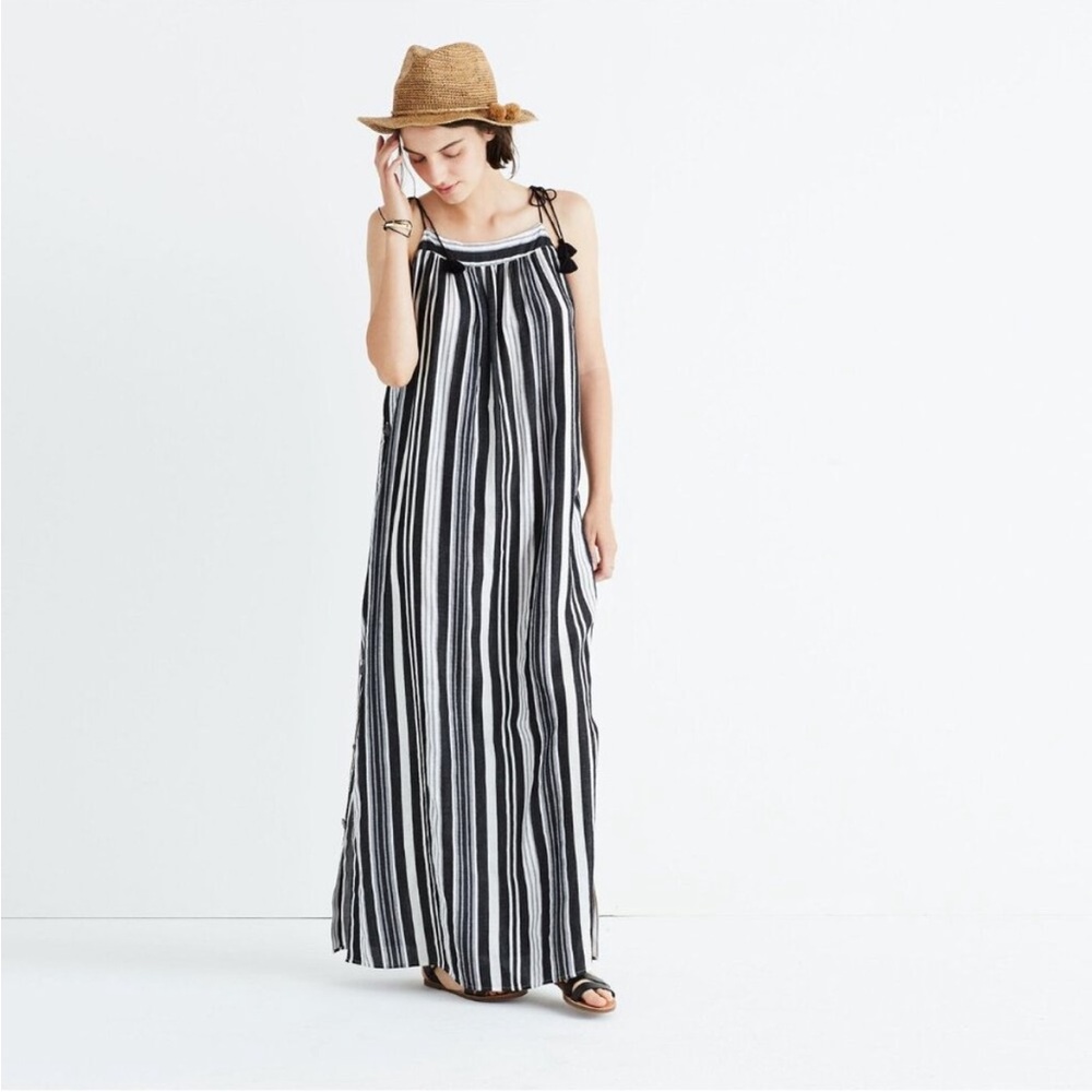 Madewell Nora side button striped maxi dress coverup tassels cotton linen 4